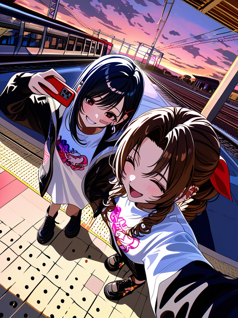 [vivid-close-up-style], laughing, streetwear outfit, combat boots, twilight, train station, group selfie, Aerith Gainsborough, Tifa Lockhart, 2people, one eye closed, smile, panoramic lens, full body, ultra-wide shot