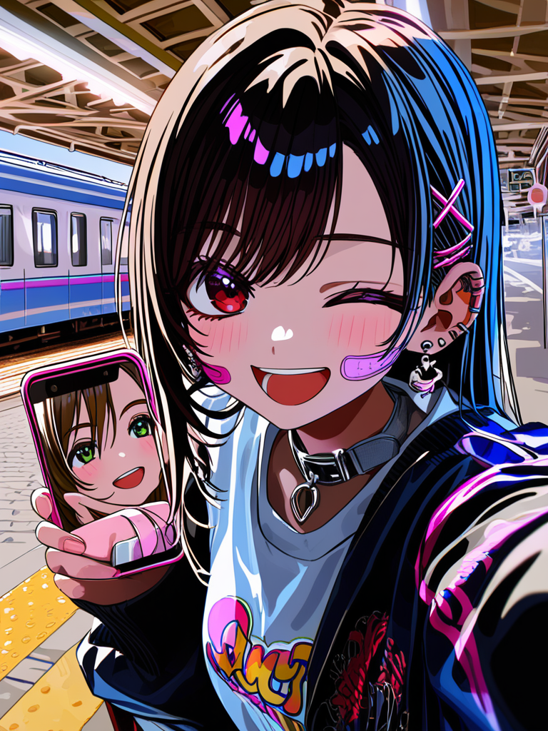 [vivid-close-up-style], laughing, streetwear outfit, combat boots, twilight, train station, group selfie, Aerith Gainsborough, Tifa Lockhart, 2people, one eye closed, smile, panoramic lens, ultra-wide shot, upper body