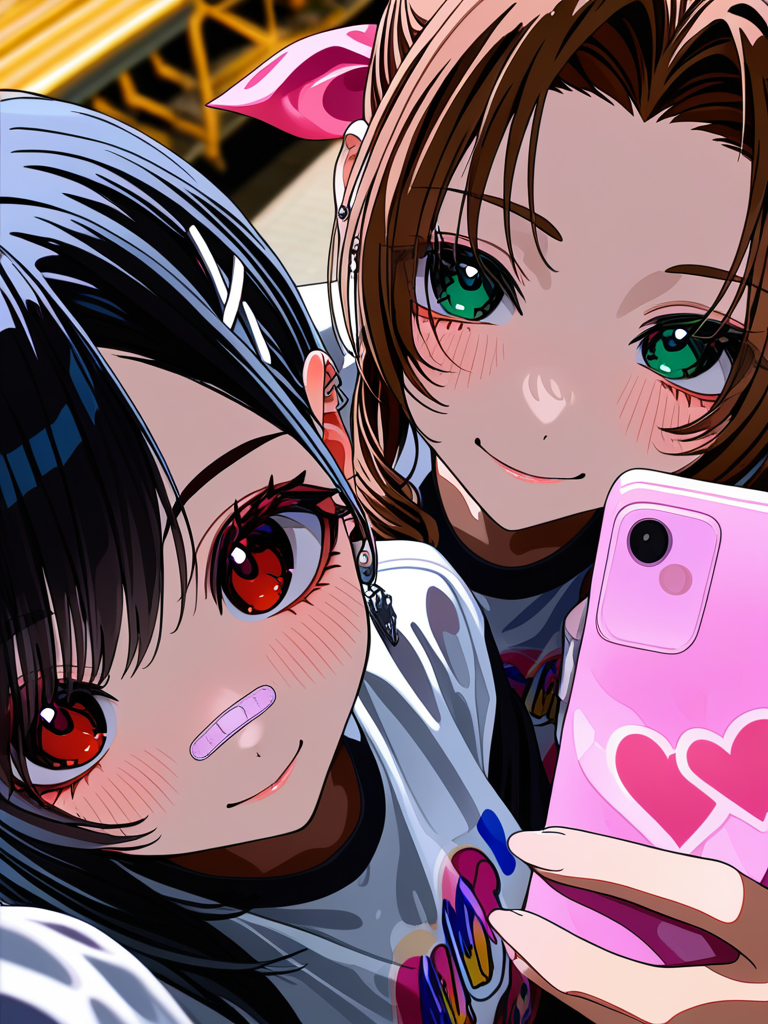 [vivid-close-up-style], Tifa Lockhart, Aerith Gainsborough, streetwear outfit, medium long shot, twilight, train station, group selfie, upper body, from above