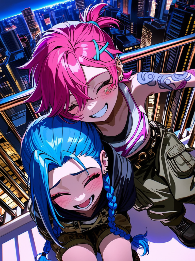 [vivid-close-up-style], Jinx (League Of Legends) with blue hair, crop hoodie, cargo pants, combat boots, laughing, balcony, ethereal lighting, from above, sitting side by side, panoramic lens, upper body, Arcane Vi