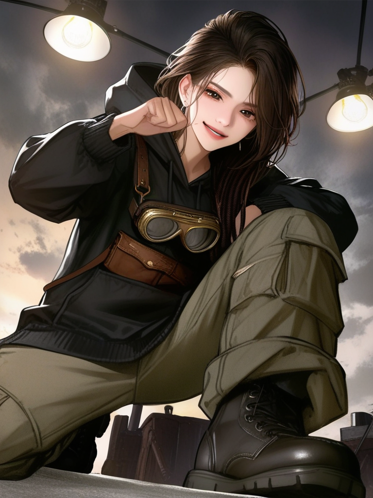 [semi-realistic-portrait-style], 1boy, 1girl, siblings, combat boots, boy with brown hair and pixie cut, girl with black hair and long hair with dreads in it, full body, cloudy sky, studio lighting, smile, cargo pants, oversized hoodie, earrings, steampunk goggles, group battle pose, from below, panoramic lens, smirk, laughing