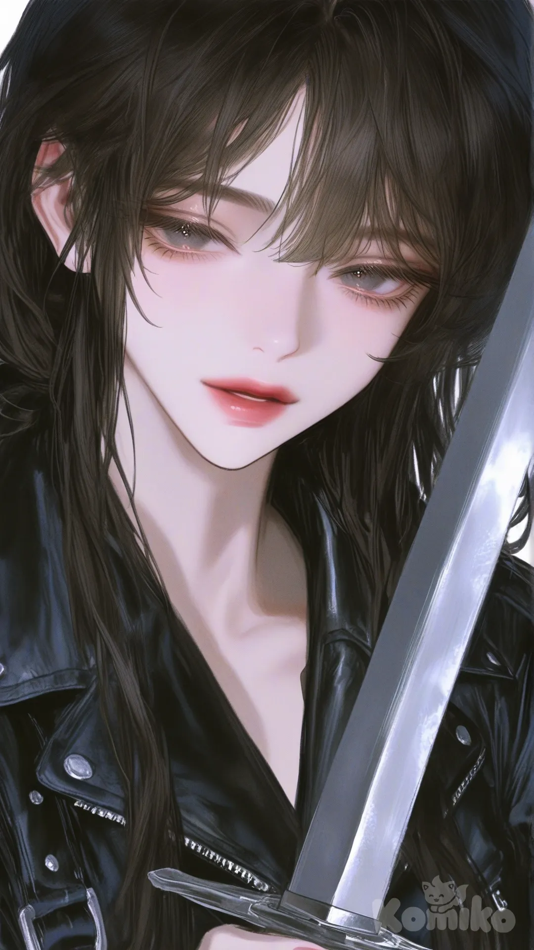 [semi-realistic-portrait-style], 1girl, leather jacket, overalls, holding sword