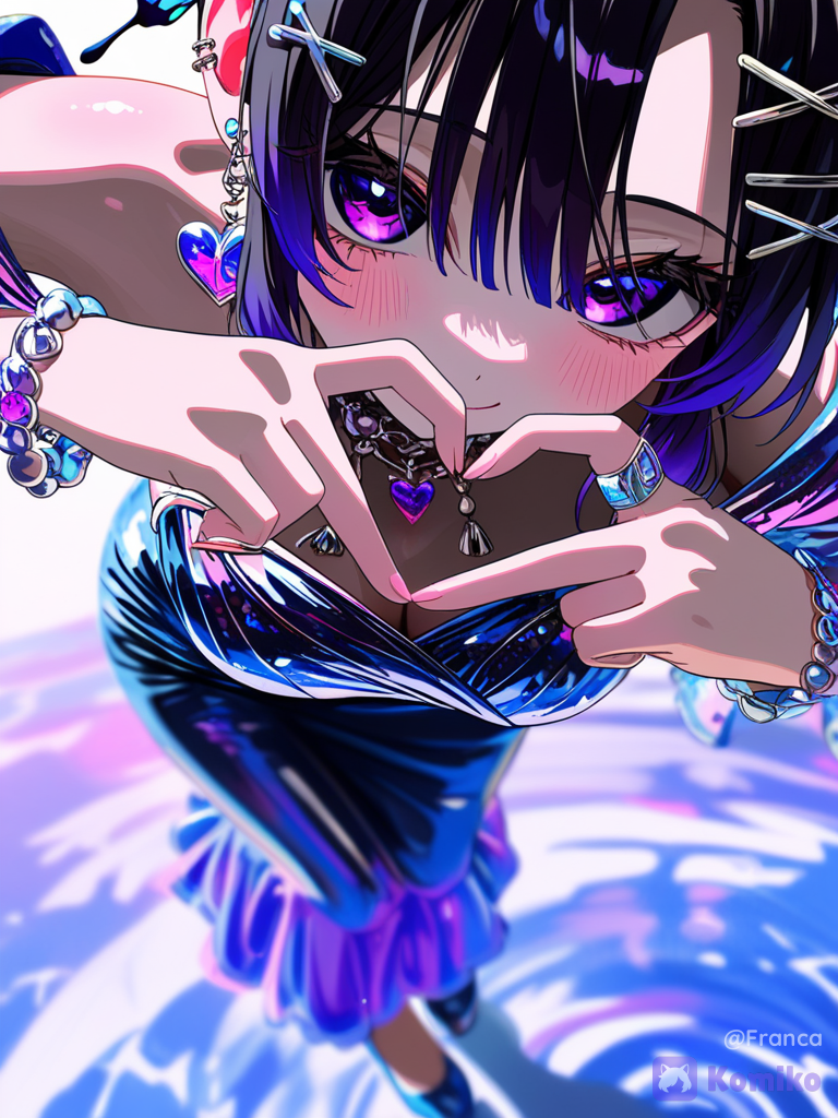 [vivid-close-up-style], 1girl, @Kochou_Shinobu, leaning forward, floating, heart hands, smile, blush, evening dress, plastic, diamonds, klein blue, full body, looking at viewer, front profile photo, blurred background, ethereal lighting, clean background