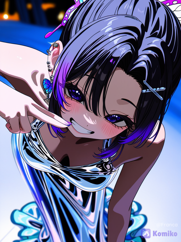 [vivid-close-up-style], 1girl, @Kochou_Shinobu, leaning forward, smile, blush, evening dress, plastic, diamonds, klein blue, full body, blurred background, clean background, v sign