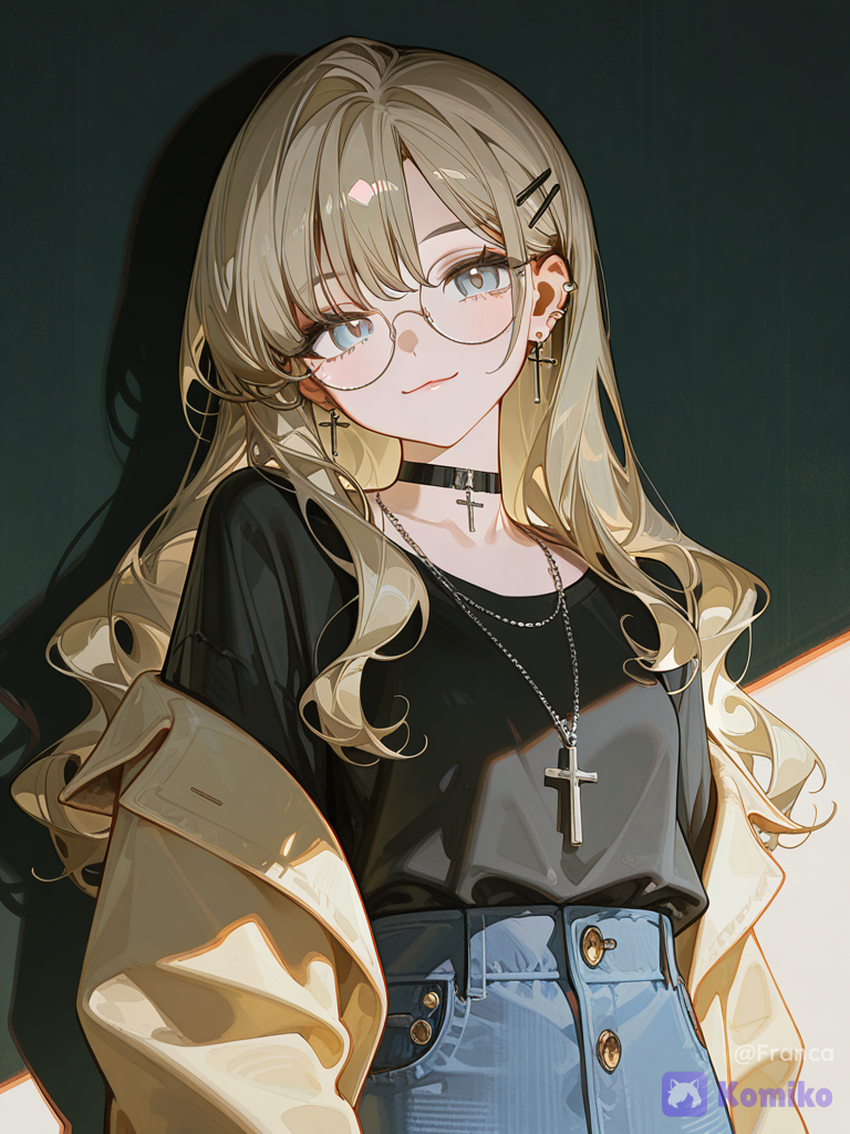 [high-gloss-illustration-style], @rosie-OQpw, 1girl, head tilt, smile, henley shirt, denim skirt, upper body, portrait, looking at viewer, volumetric lighting, clean background