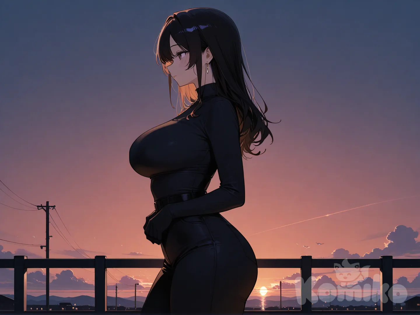 A female silhouette showing curves and breast profile, side view, elegant, against a sunset, minimalist, black silhouette, artistic