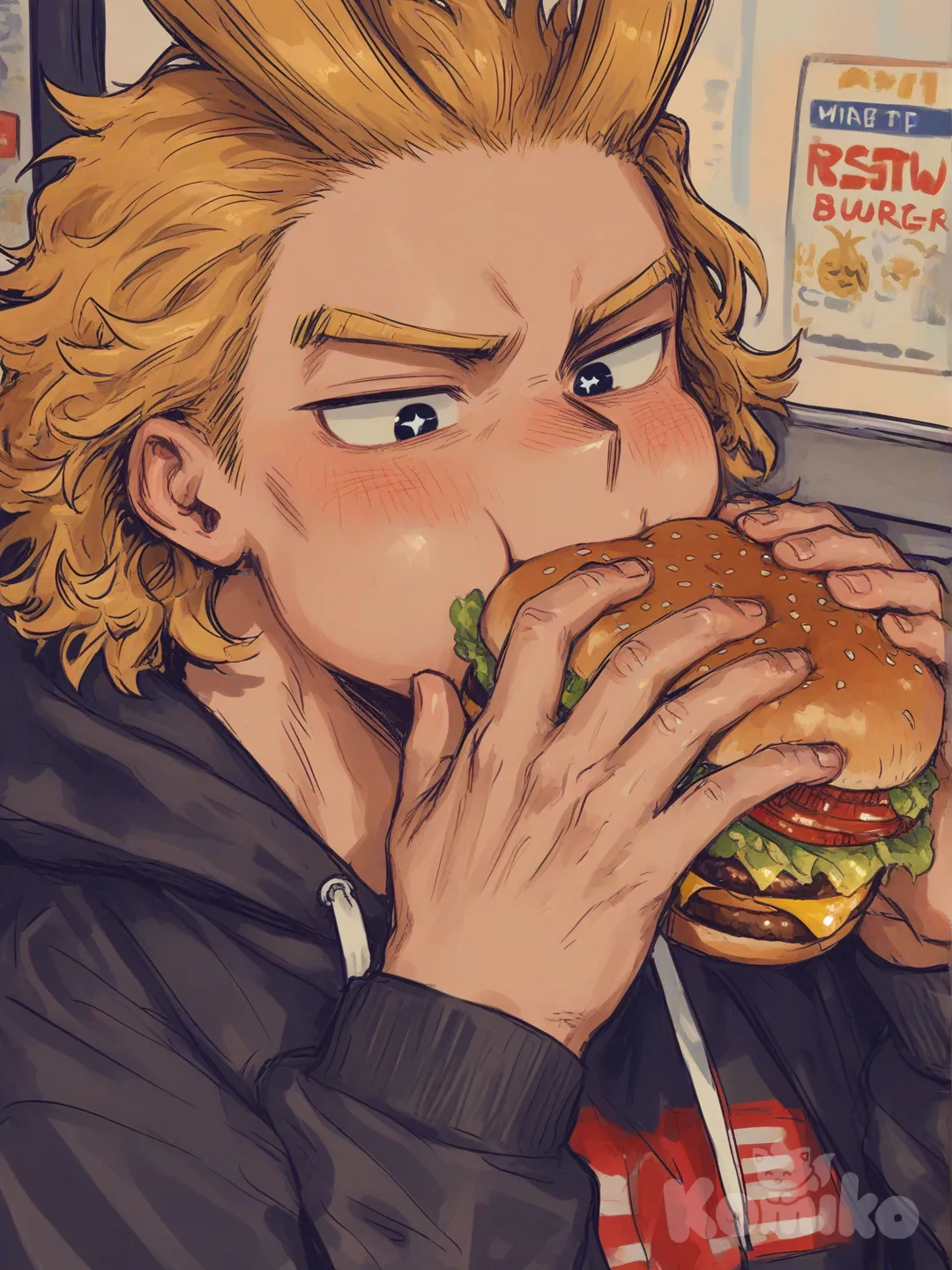 All Might, boku no hero academia, [sweet-painting-style], eating burger, hoodie, upper body