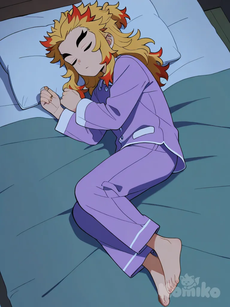 Rengoku Kyoujurou, anime coloring, sleeping, pajamas, full body, 1man
