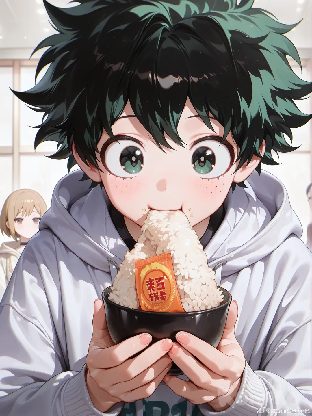 midoriya izuku, [high-gloss-illustration-style], eating rice , hoodie, upper body