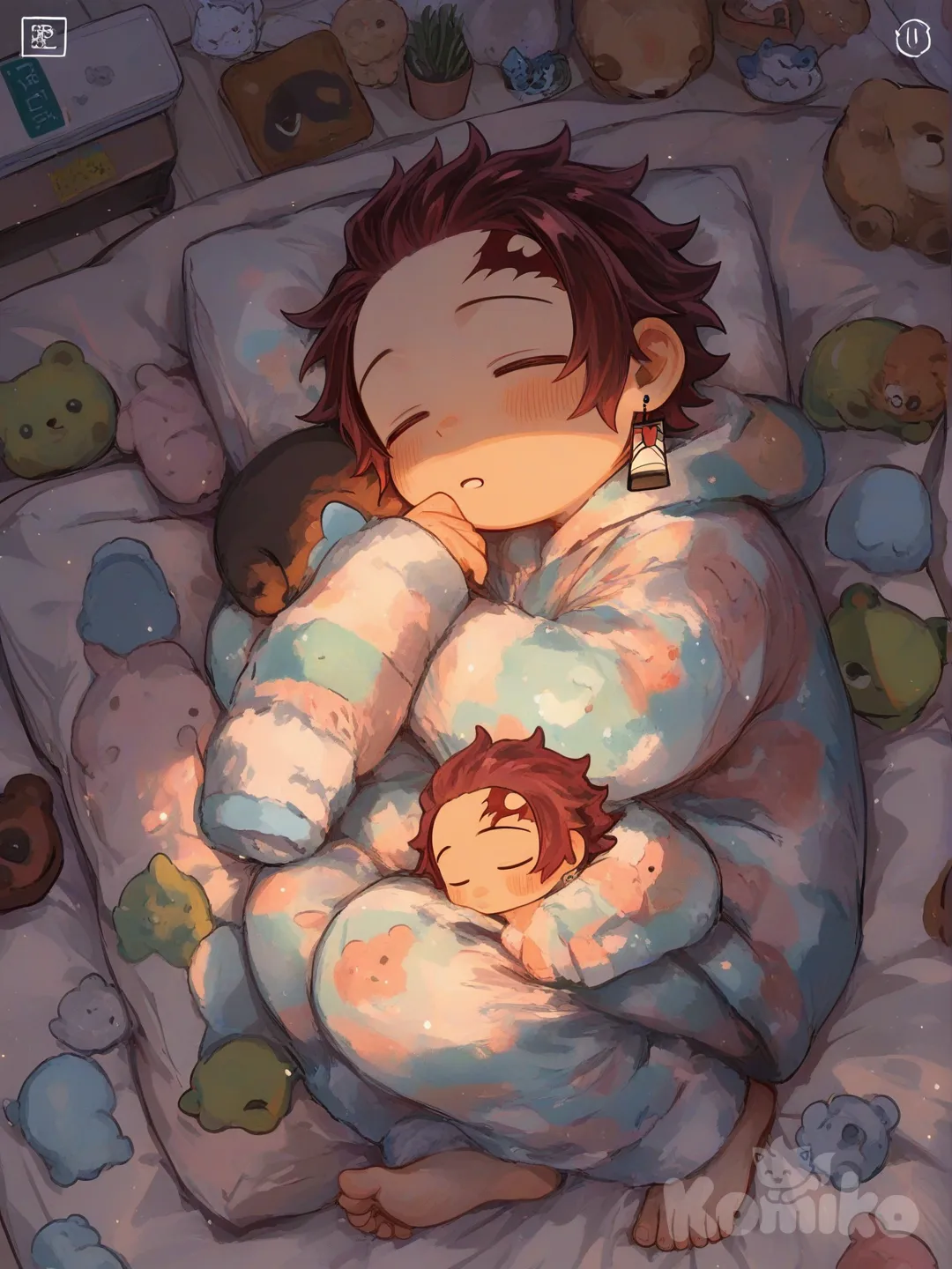 kamado tanjirou, [sweet-painting-style],sleeping, pajamas, full body,1man