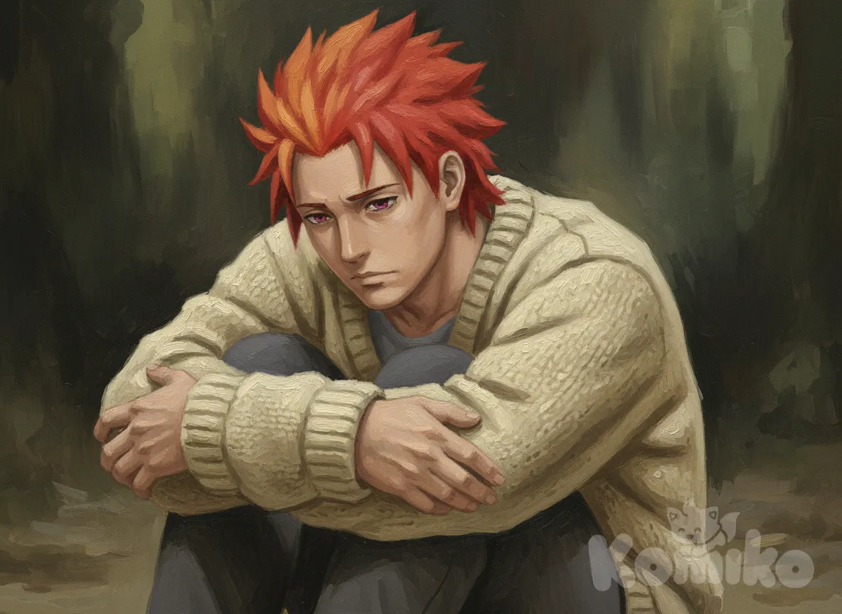 Juugo, oil painting (medium), hugging own legs, knitted cardigan,huge man