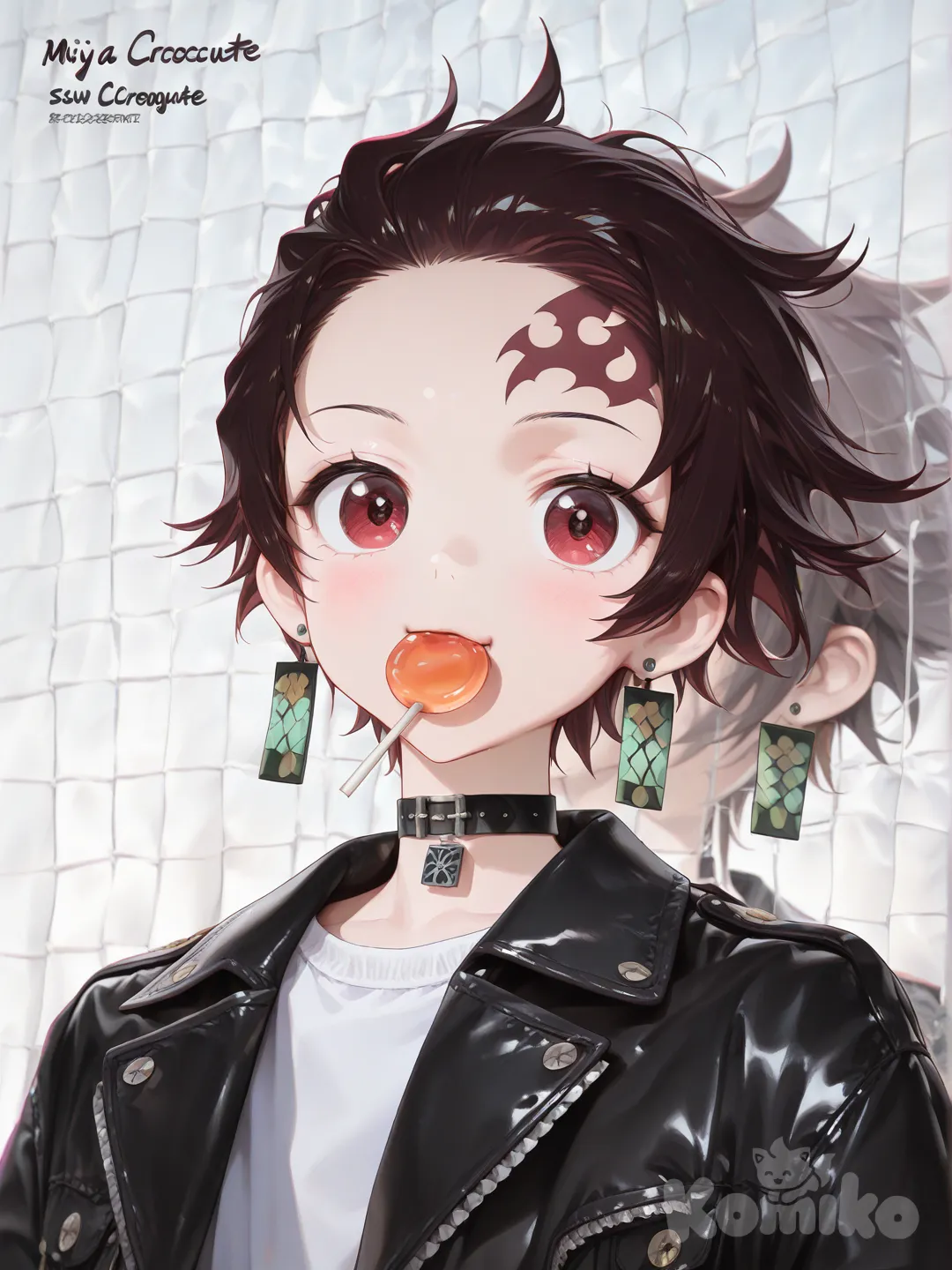 kamado tanjirou, [high-gloss-illustration-style] eating candy, leather jacket, upper body,1man