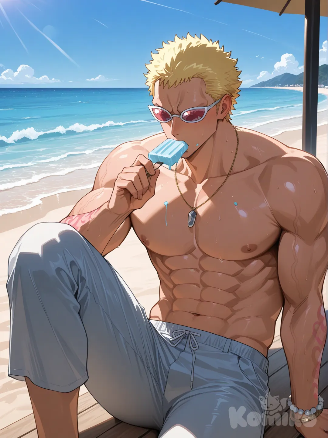 Donquixote Doflamingo, [glossy-anime-style], sunglasses, eating ice cream, casual pants, weather summer, beach, cinematic lighting, 1boy