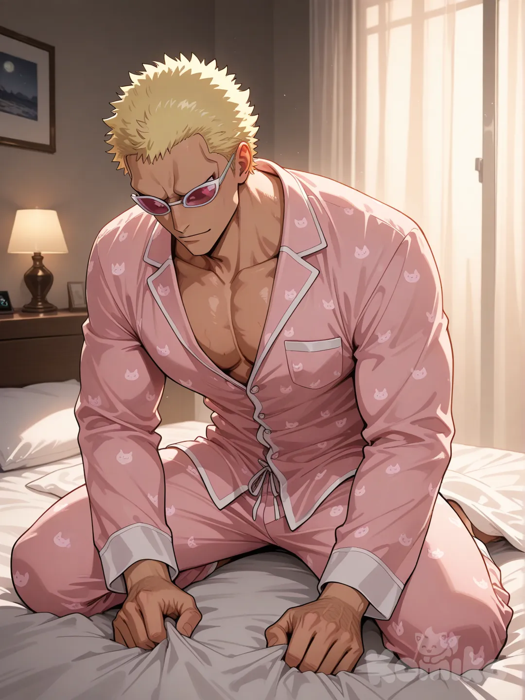 Donquixote Doflamingo, [glossy-anime-style],sunglasses,bed sheet, pajamas, cinematic lighting, bedroom, 1boy