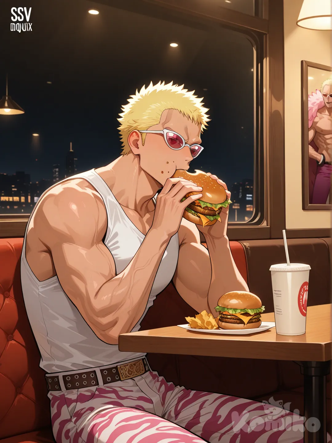 Donquixote Doflamingo, [glossy-anime-style], sunglasses, eating burger, bare shoulders, pants, restaurant, cinematic lighting, 1boy
