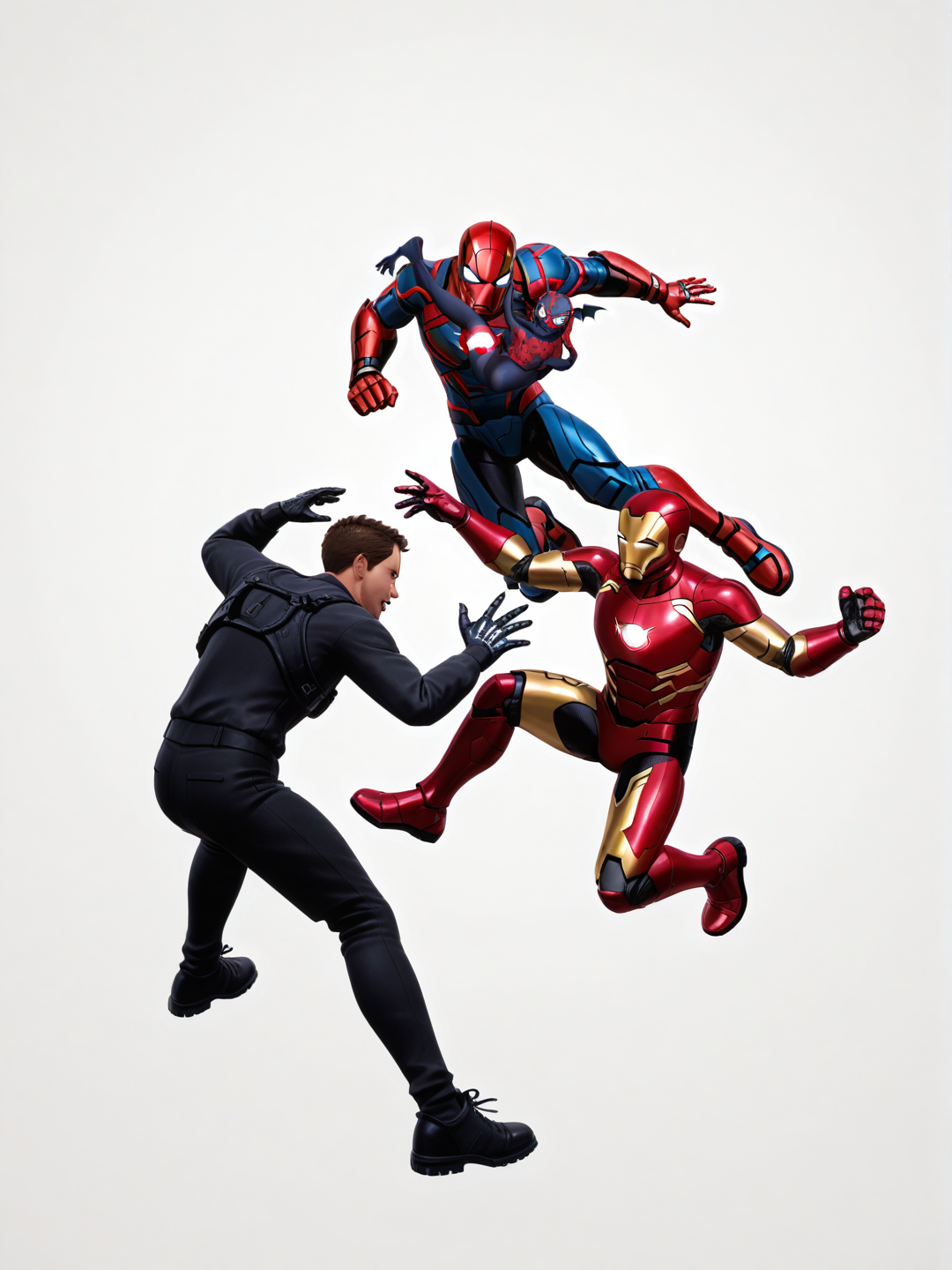 [3d-anime-style] 4boys, spiderman, tom_holland, iron_man, the_spot, hellbat, fighting, action pose, wide shot, full body, anime style, simple background, white background