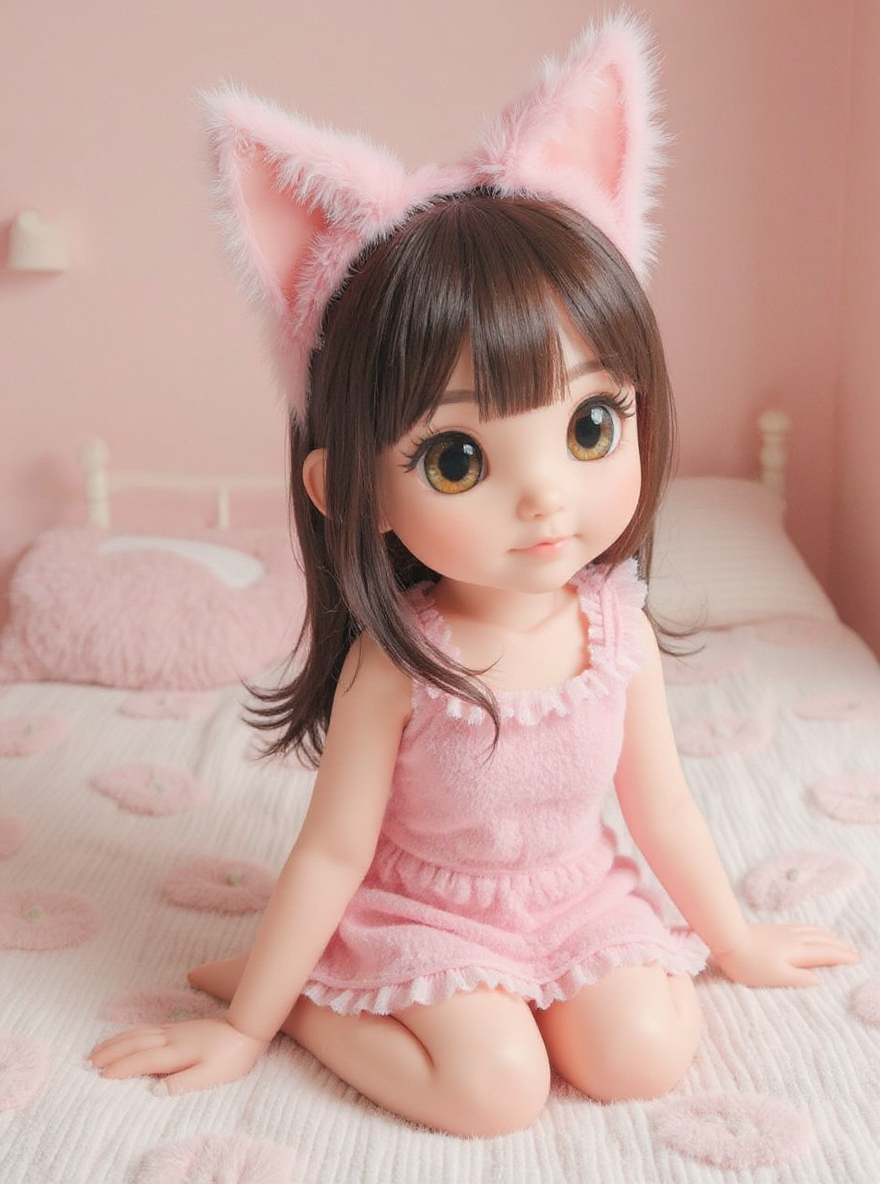 1girl, chibi catgirl, big eyes and fluffy tail, cozy bedroom, pastel colors