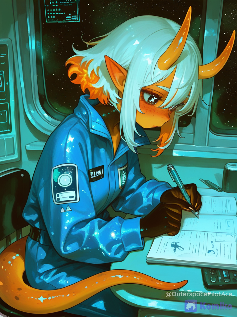 [sensual-glossy-style], @xire-Rtnu sitting in a high tech auditorium style classroom for a space flight academy. She is diligently taking notes. She is wearing a blue flight jumpsuit. the students around her are of many different extraterrestrial species. There’s a large window in the background showing that they are in space.