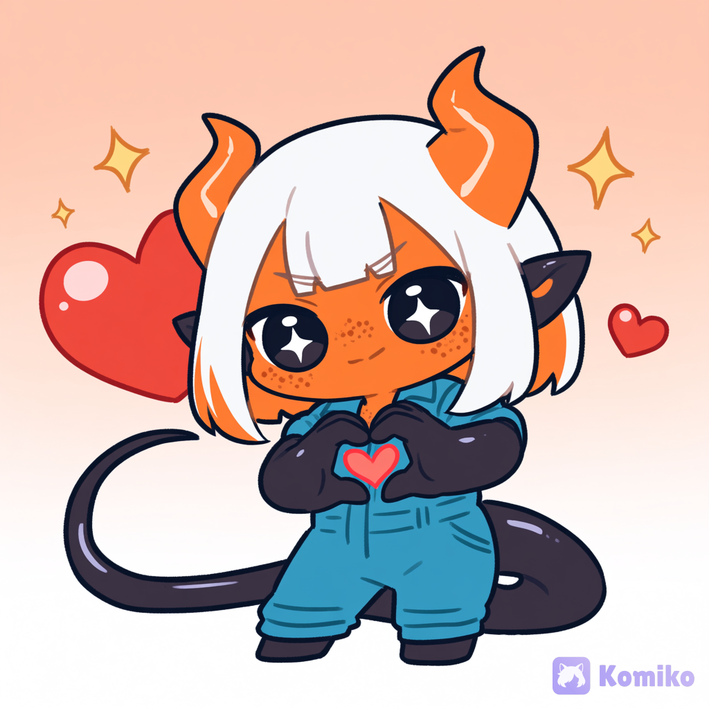 [chibi-sticker-style], @xire-Rtnu, heart hands, blue jumpsuit, large floating red heart, full body, sparkle, gradient background