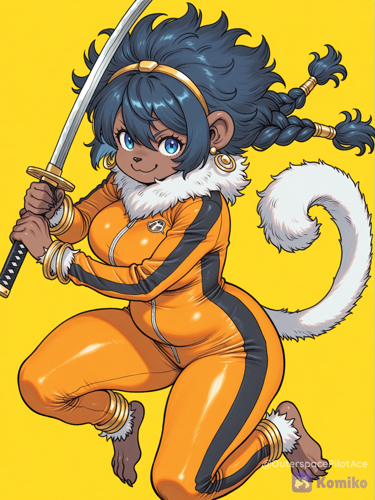@silver-monkey-colbad-NKSN, Bruce Lee’s jumpsuit, cosplay, fighting stance, holding sword, holding weapon, jumpsuit, katana, solo, simple background, yellow background, dynamic pose, absurdres, [sensual-glossy-style]