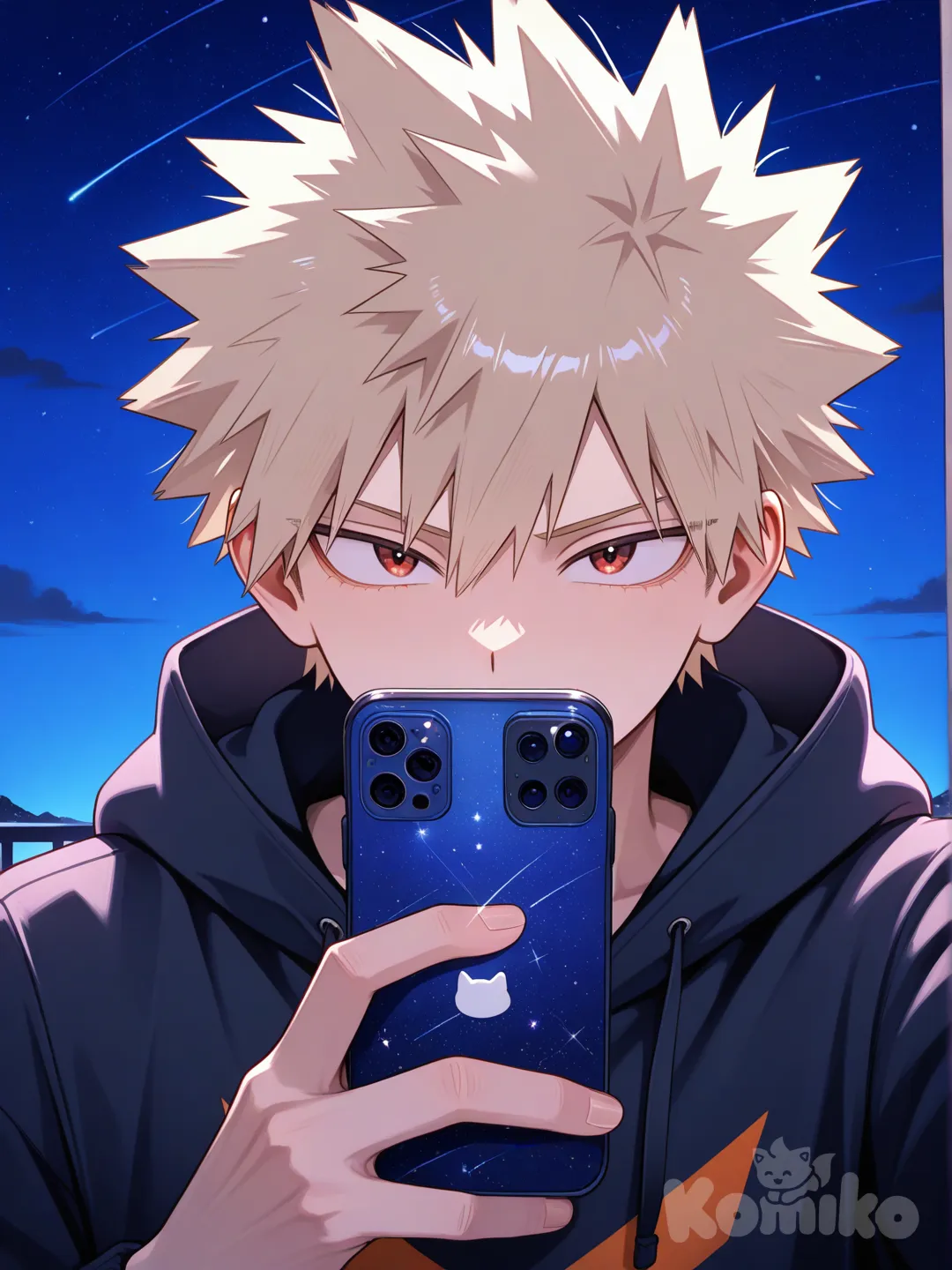 selfie, @Bakugou_Katsuki, hoodie, front profile photo, night, blue sky