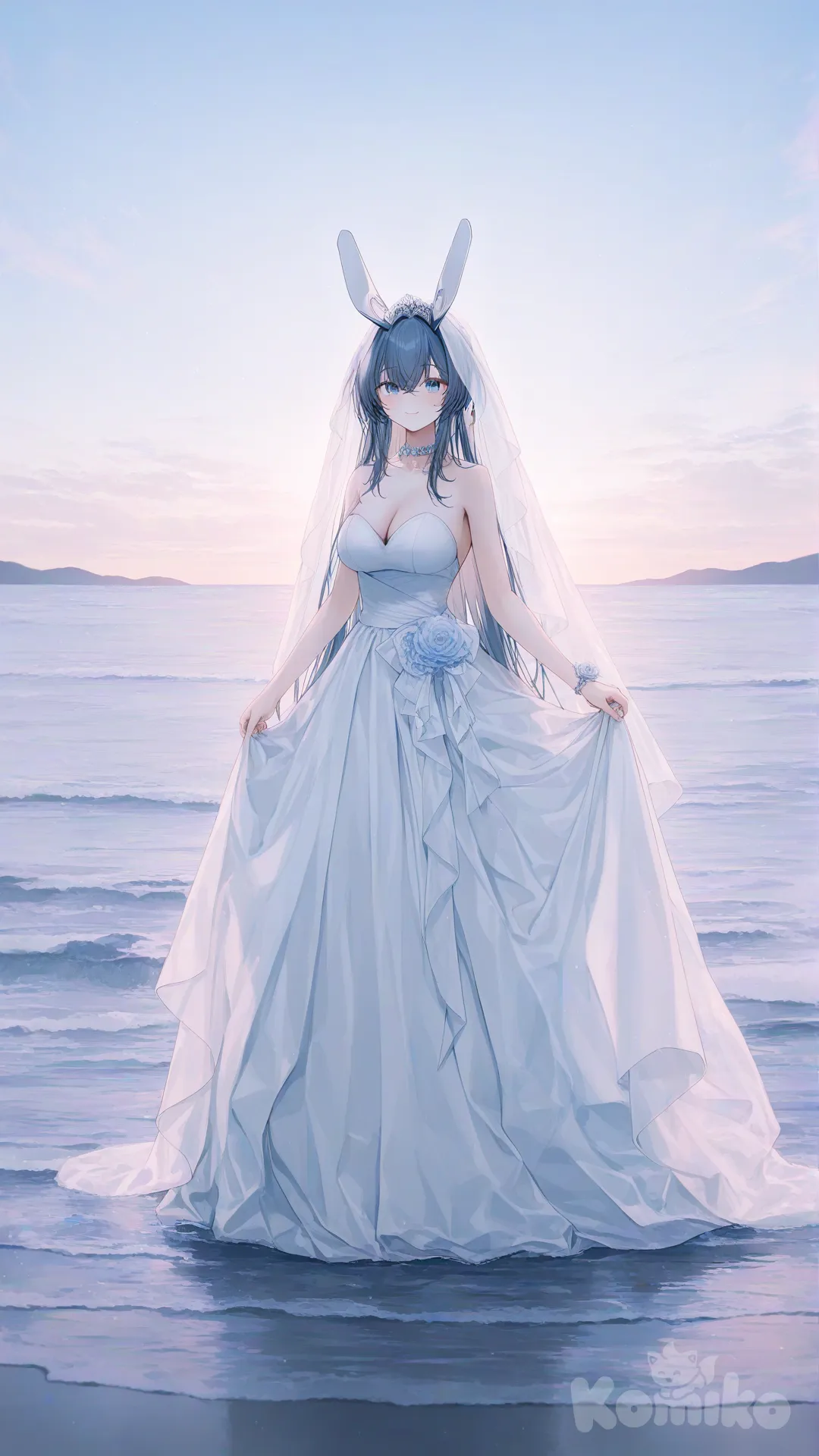 1girl, @New_Jersey_(Azur_Lane), [soft-pastel-style], looking at viewer, wearing a white wedding dress and silver tiara with sapphires, standing by the sea, full body