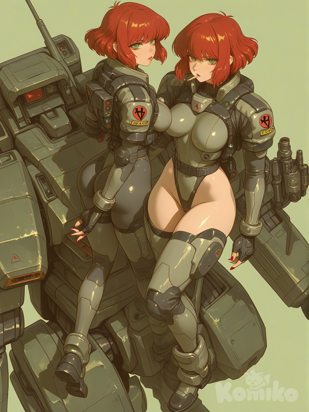 Esta imagem apresenta @bianca-yumi-hsxK em uma ilustração digital com uma estética que mistura o estilo anime clássico dos anos 90 com elementos de ficção científica militar (sci-fi).
​Aqui está uma descrição detalhada dos principais elementos:
​A Personagem Central

​Aparência: Uma jovem mulher com traços europeus (russo), olhos verde-esmeralda expressivos e lábios levemente entreabertos. Ela tem cabelos cacheados vermelhos curtos, em um corte estilo "bob" na altura do queixo.

​Vestimenta: Ela usa um traje tático futurista cinza-escuro, semelhante a um collant ou bodysuit de corte alto. O traje possui detalhes técnicos como fivelas, pequenos sensores e um símbolo vermelho "O X" no ombro.

​Acessórios: Ela utiliza luvas táticas sem dedos, brincos longos e sofisticados que contrastam com o visual militar, e o que parecem ser botas ou meias de cano alto que começam nas coxas.

​O Mecha (Robô)
​Design: Atrás da personagem, há um robô gigante ou armadura mecanizada de porte pesado. Ele tem uma coloração cinza-claro fosca, com detalhes funcionais como câmeras de sensores, antenas e o que parece ser o cano de uma arma à esquerda.

​Estilo: O design do robô remete muito a animes como Ghost in the Shell ou Patlabor, onde a tecnologia parece "realista", desgastada e puramente funcional.

​Estilo Artístico e Cores
​Paleta de Cores: A imagem utiliza tons terrosos e desaturados. O fundo é um verde-oliva neutro, o que faz com que os pequenos detalhes em vermelho vibrante (nas unhas, no traje e no robô) se destaquem.

​Traço: O traço é limpo e preciso, com sombreamento suave que dá volume tanto à pele da personagem quanto às superfícies metálicas do robô.

​A composição transmite uma sensação de calma e autoridade, como se a personagem fosse uma pilota de elite se preparando para uma missão ou em um momento de descanso.

Ela possuí olhos grandes peitos, uma bunda grande e fuma um cigarro no canto direito da boca.

, [sensual-glossy-style]