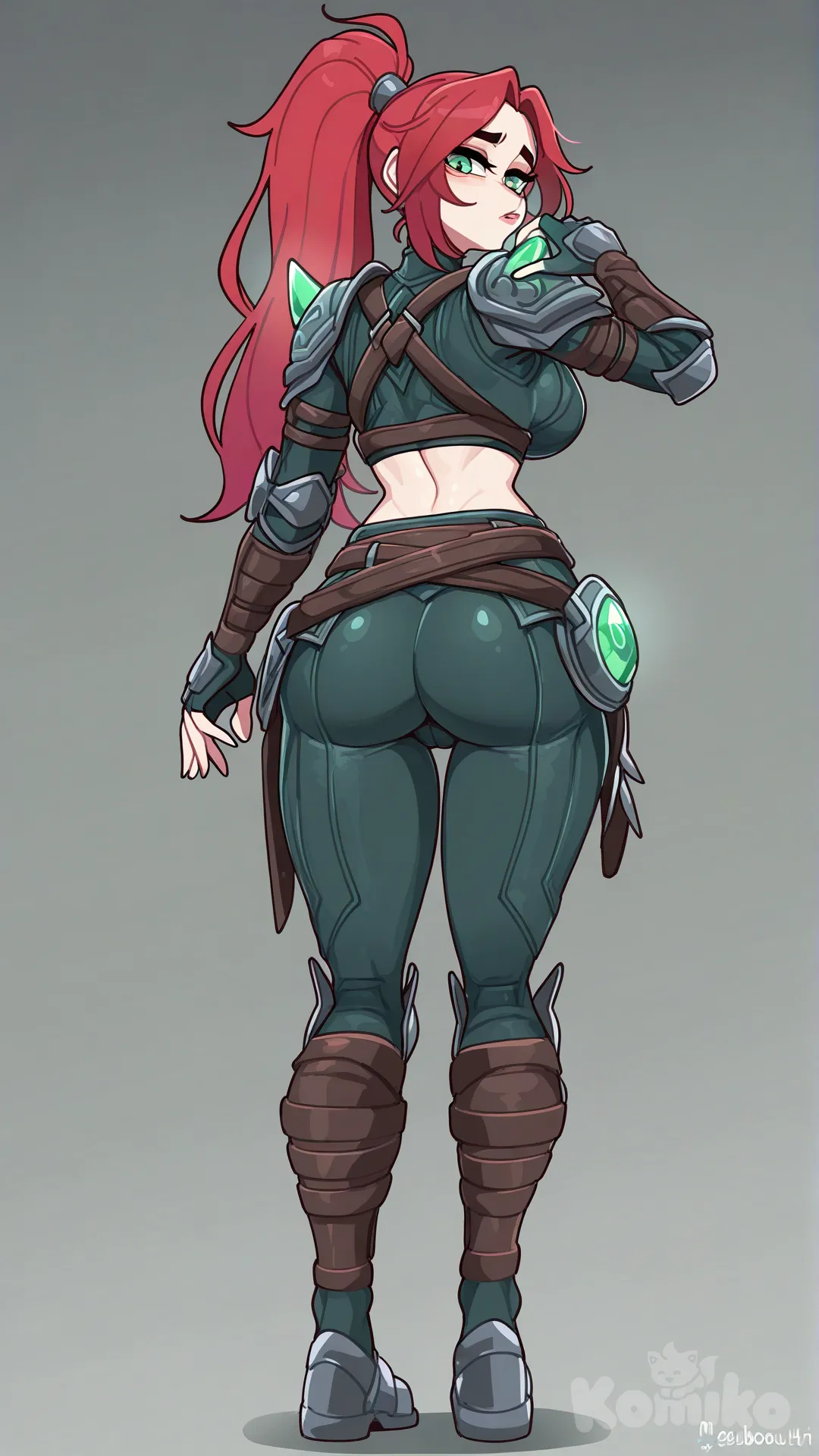 Highly alluring 3/4 shot of Katarina from League of Legends (adult, 18+), depicted from just above the knees to the head only. Do not include legs below the knees or feet. Crop the bottom at the knees.

She has long, bright red hair, flowing in loose, dynamic strands, with her signature fringe framing her face. She has emerald green eyes, piercing and confident. Only one female character should be depicted.

She wears her iconic assassin outfit: a cropped dark leather top exposing her midriff but fully covering intimate areas, fitted armored shoulder and waist pieces, long fingerless gloves, and belts/straps consistent with her League of Legends design. Her dual curved daggers may be partially visible, attached to her waist or held subtly.

Legs partially visible above the knees, optionally showing straps or armored details, tightly fitted and discreet, emphasizing her curves without revealing explicit content. She stands gracefully, arching her back slightly, striking a confident and visually captivating pose.

Expression: confident, seductive, mouth slightly open, eyes gazing directly at the viewer.

Lighting: soft yet vibrant, emphasizing her curves, glossy textures, and the details of her outfit.
Background: clean, pure white.
Art style: highly anime, vibrant colors, Gelbooru-style illustration, 3/4 full-body (above knees only), visually captivating, alluring, quality, sticker-ready composition., [clean-lines-style]