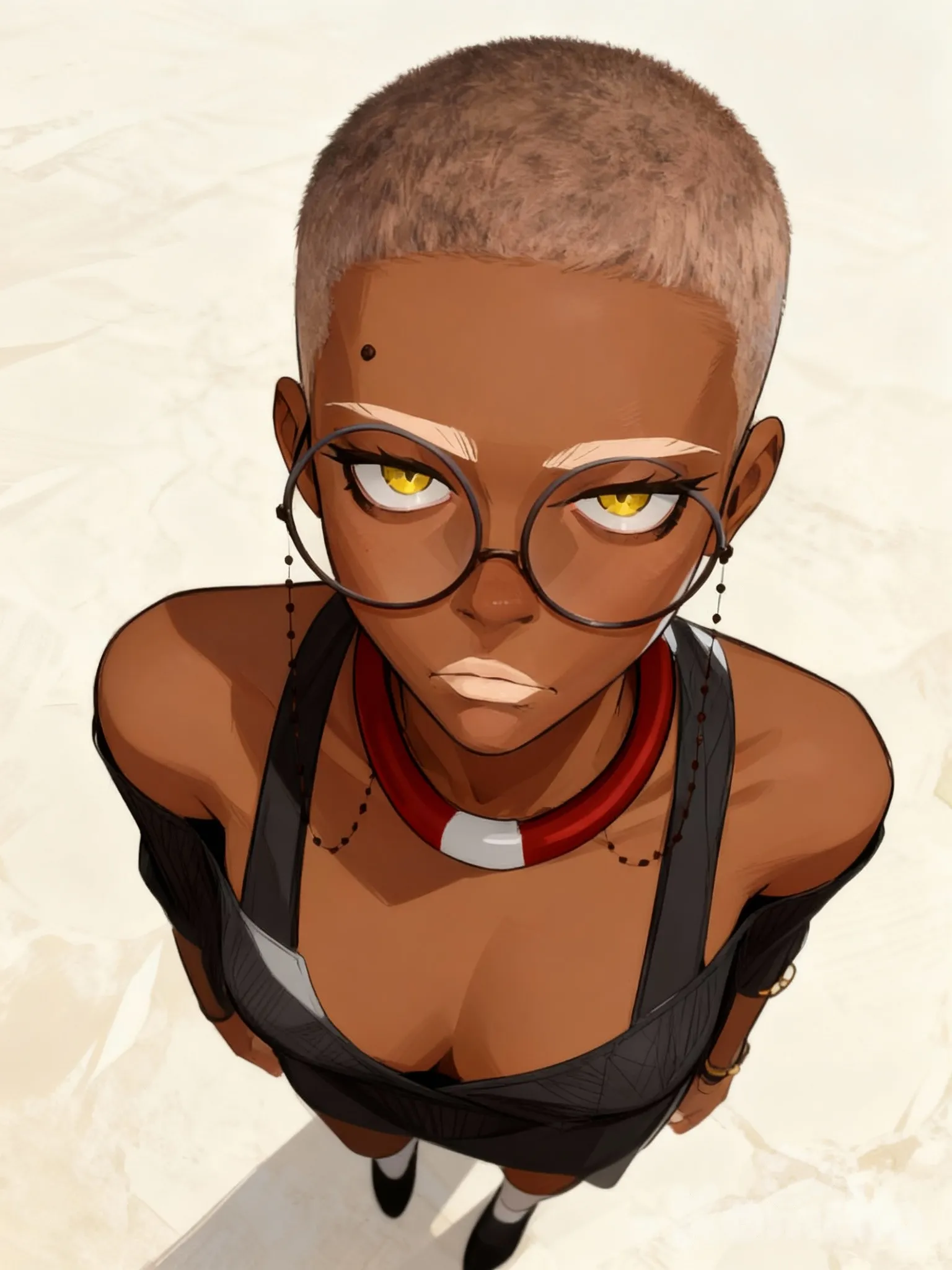 1girl, solo, dark_skin, dark-skinned_female, yellow_eyes, glasses, round_eyewear, short_hair, very_short_hair, looking_at_viewer, jewelry, upper_body, necklace, mole