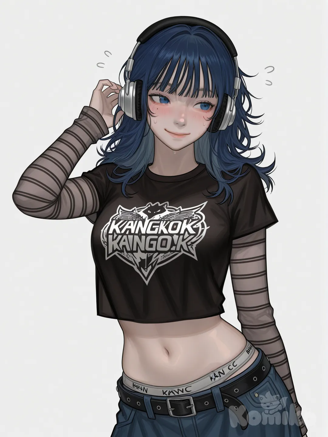 1girl, solo, headphones, blue_hair, blush, navel, grey_background, skirt, breasts, belt, simple_background, print_shirt, shirt, striped, underwear, midriff, panties, smile, blunt_bangs, black_shirt, bangs, messy_hair, twitter_username, medium_hair, long_sleeves, flying_sweatdrops, [digital-painterly-style]