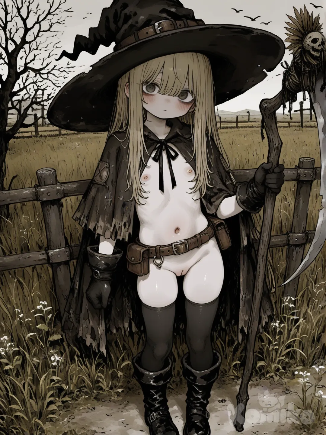 a terrifying female scarecrow, hat, scythe, gloves, holding, nipples, pussy, blonde_hair, thighhighs, solo, long_hair, bird, belt, pouch, black_gloves, capelet, navel, holding_scythe, boots, looking_at_viewer, witch_hat, outdoors, belt_pouch, loli, nude, uncensored,[sweet-painting-style]