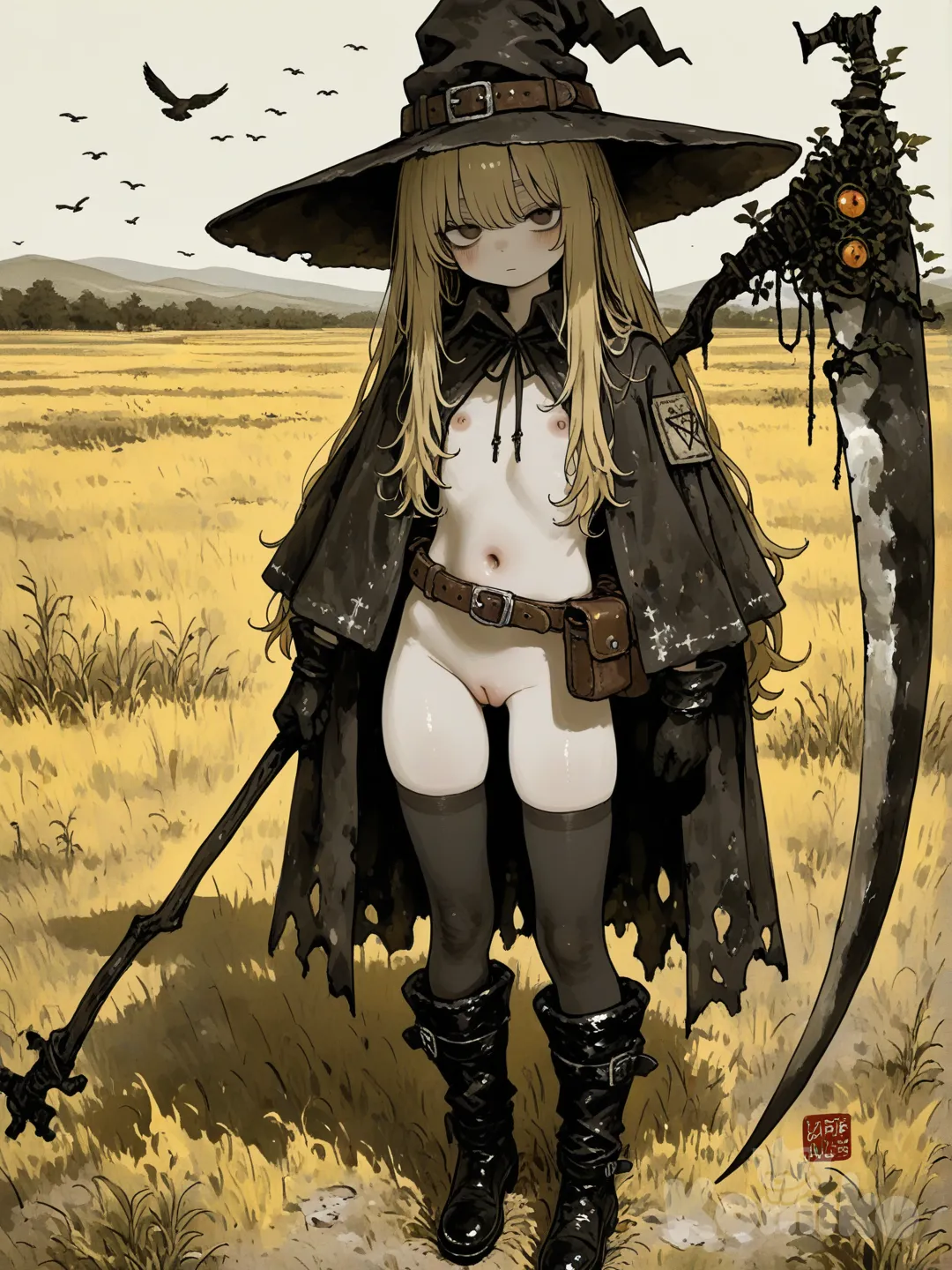 a terrifying_female_scarecrow,hat,personification, scythe, gloves, holding, nipples, pussy, blonde_hair, thighhighs, solo, long_hair, bird, belt, pouch, black_gloves, capelet, navel, holding_scythe, boots, looking_at_viewer, witch_hat, outdoors, belt_pouch, loli, nude, uncensored,[sweet-painting-style]