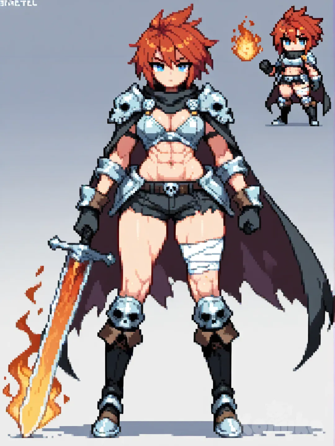 1girl, solo, skull, red_hair, weapon, gloves, cape, sword, bandages, short_hair, spiked_hair, genderswap, boots, genderswap_(mtf), simple_background, armor, bandaged_leg, breasts, full_body, fire, navel, blue_eyes, abs , [soft-pixel-art-style]