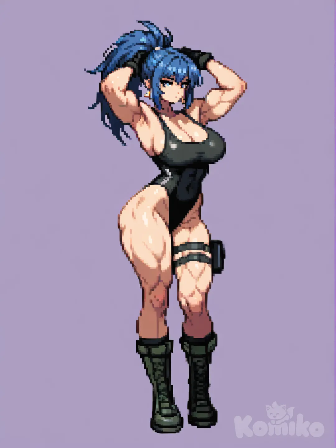 1girl, solo, muscular, muscular_female, leona_heidern, boots, breasts, gloves, ponytail, purple_hair, leotard, fingerless_gloves, combat_boots, arms_up, large_breasts, full_body, jewelry, earrings, simple_background, cleavage, highleg, standing, long_hair, armpits, thigh_strap, thighs, thick_thighs, swimsuit, purple_background, biceps, black_gloves, one-piece_swimsuit, weapon , [soft-pixel-art-style]
