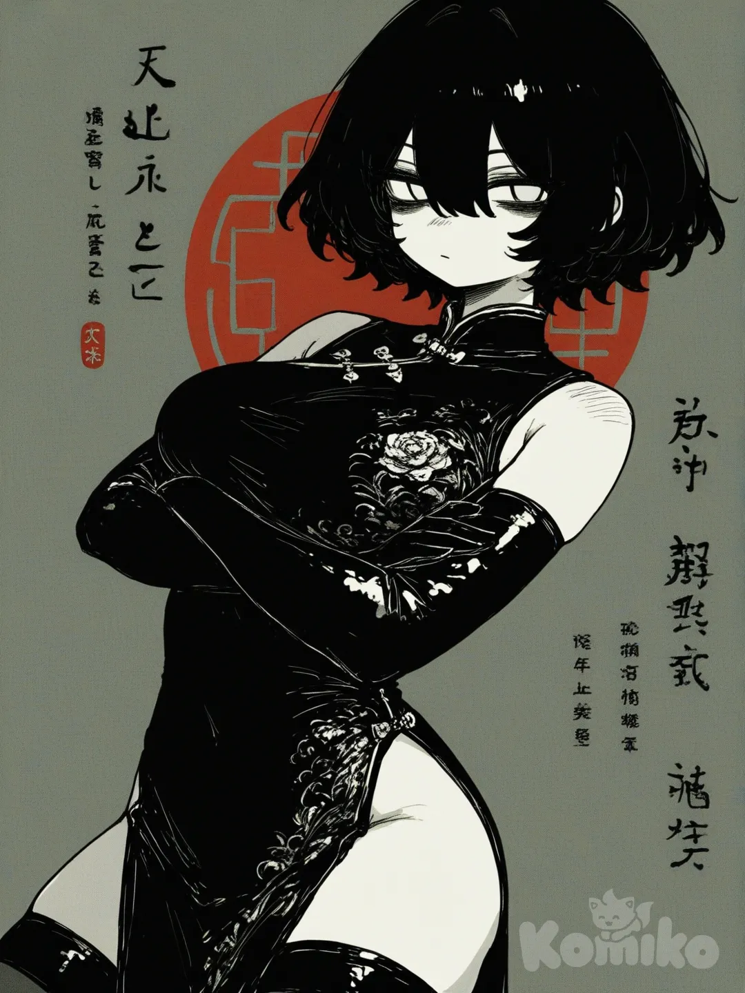 1girl, solo, dress, crossed_arms, white_eyes, breasts, china_dress, side_slit, large_breasts, gloves, no_pupils, elbow_gloves, colored_skin, monochrome, black_dress, thighhighs, chinese_clothes, black_skin, short_hair,[sweet-painting-style]