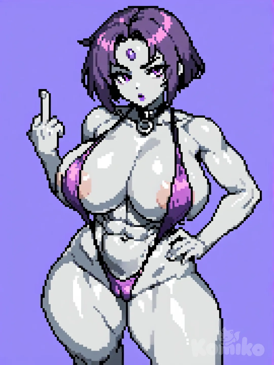 1girl, breasts, solo, slingshot_swimsuit, swimsuit, hand_on_hip, purple_hair, forehead_jewel, grey_skin, colored_skin, short_hair, middle_finger, areola_slip, thighs, looking_at_viewer, blue_background, thick_thighs, cleavage, purple_eyes, makeup, abs, navel, purple_lips, cameltoe, simple_background, collar, purple_one-piece_swimsuit, purple_skin, fingernails, alternate_breast_size, huge_breasts, purple_bikini, bikini, from_above, large_breasts, choker, Raven (Dc), [soft-pixel-art-style]