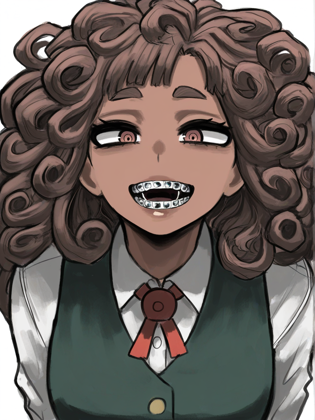 [sketchy-painterly-style] 1girl, my_hero_academia_style, boondocks_style, teenager, hourglass_figure, long_hair, brown_hair, side-swept_hair, curly_hair, hazel_eyes, braces, thick_lips, dark_skin, school_uniform, maroon, white, single_character, full_body, looking_at_viewer, simple_background, white_background