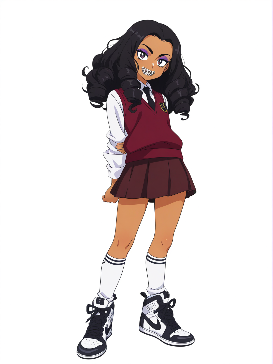 [pop-anime-style] 1girl, boondocks style, solo, teenager, makeup, petite, long_hair, curly_hair, black_hair, sleek_hair, hazel_eyes, braces, dark_skin, school_vest, maroon_and_white_vest, brown_miniskirt, jordan_sneakers, white_and_maroon_sneakers, white_socks, single character, full body, looking at viewer, simple background, white background