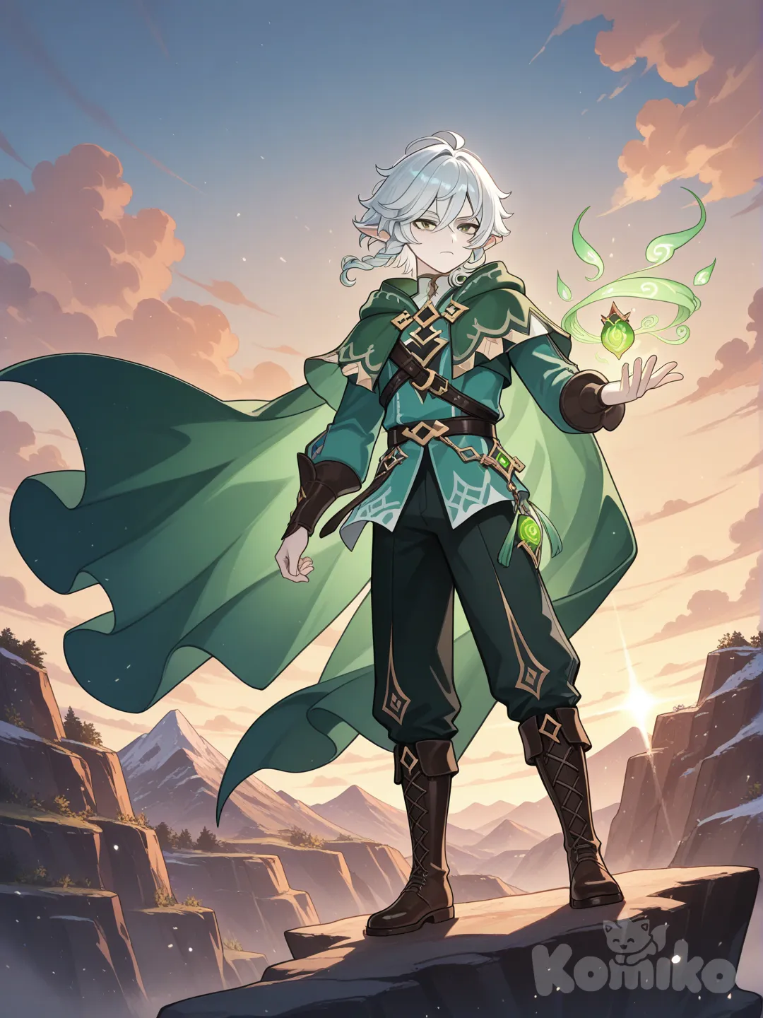 Элиан родился в горном эльфийском поселении, где детей с малых лет учили слушать ветер. Он умел различать его оттенки: шёпот утреннего бриза, гнев полуденной бури, задумчивость вечерних потоков.
В 16 лет поселение подверглось нападению. Элиан выжил, но потерял всех: родителей, сестёр, друзей. С тех пор говорил мало, жил в пещерах, слушал ветер — единственный голос в его молчании.
Годы шли. Он кочевал, избегая людей, пока однажды на высокогорном плато не ощутил: ветер не шумит. Он говорит.
Через образы и воспоминания ветер вернул ему связь с миром. В тот момент на ладони Элиана засиял Анемо Глаз Бога — не как награда, а как признание: он снова стал тем, кто слышит.
Теперь он странствует не скрываясь. Помогает тем, кто потерялся в горах, использует дар, чтобы предупреждать об опасностях и вести союзников к безопасности., Genshin Impact