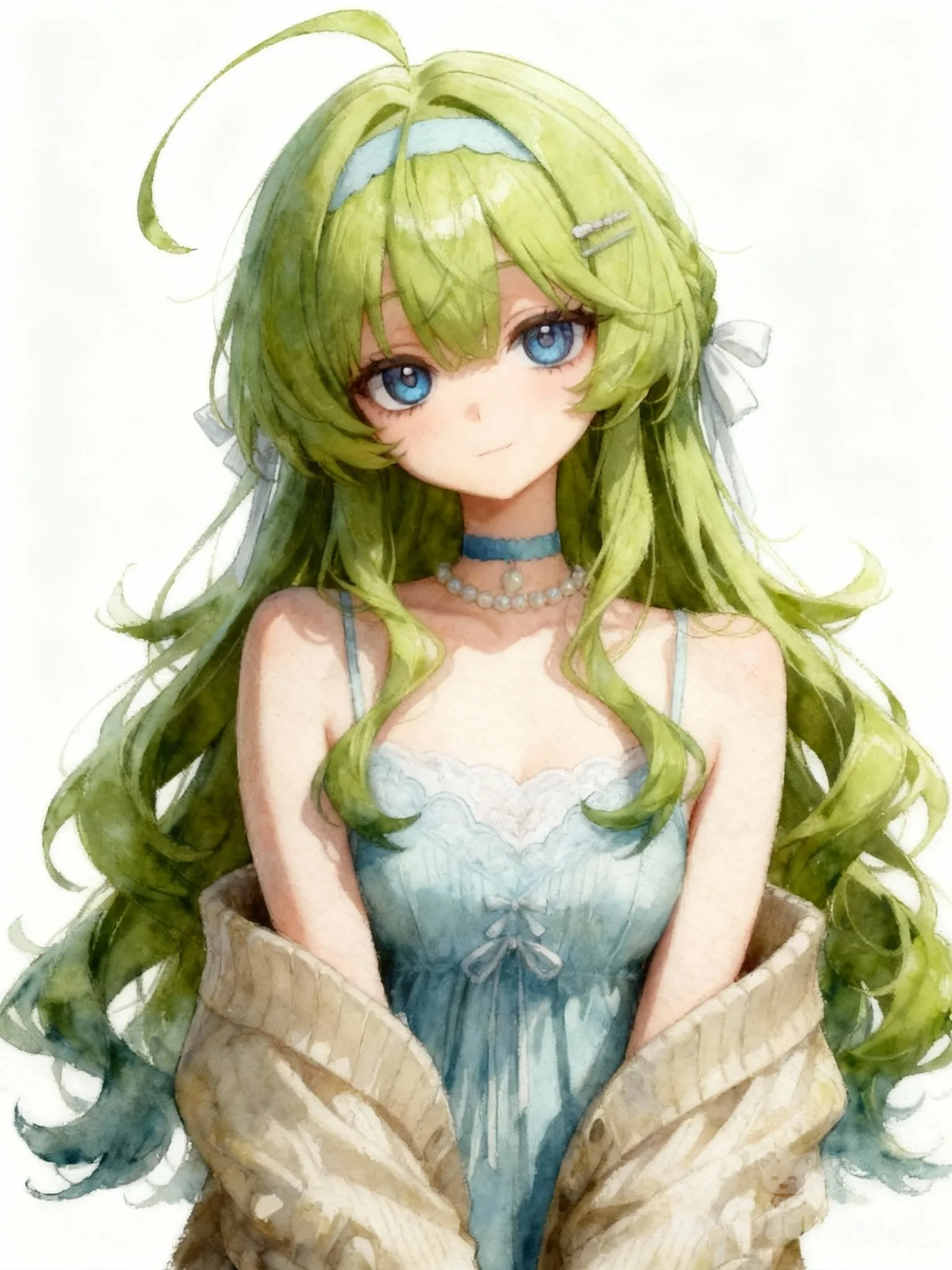 Prompt:
An anime-style illustration using cel shading.
The character is a young girl facing directly forward with perfect symmetry, posture stiff and upright without any head tilt. She maintains a completely neutral, expressionless face with a closed mouth, staring straight at the viewer. However, her large sky-blue eyes have a naturally soft and gentle shape, giving her a calm appearance.
She has voluminous soft lime-green hair with gentle waves. A very long, prominent ahoge stands straight up from her head. Her bangs are messy, and long sidelocks frame her face. She wears a light blue headband and a white ribbon clip.
She wears a light blue camisole with thin straps and a loose, ribbed-knit cardigan draped off both shoulders equally. A blue choker with a pearl pendant adorns her neck. The background is plain white.

Negative Prompt:
photorealistic, 3d, render, sketch, watercolor, oil painting, rough lines, blurred, head tilt, tilted head, leaning, asymmetric, smiling, blushing, low quality, bad anatomy.