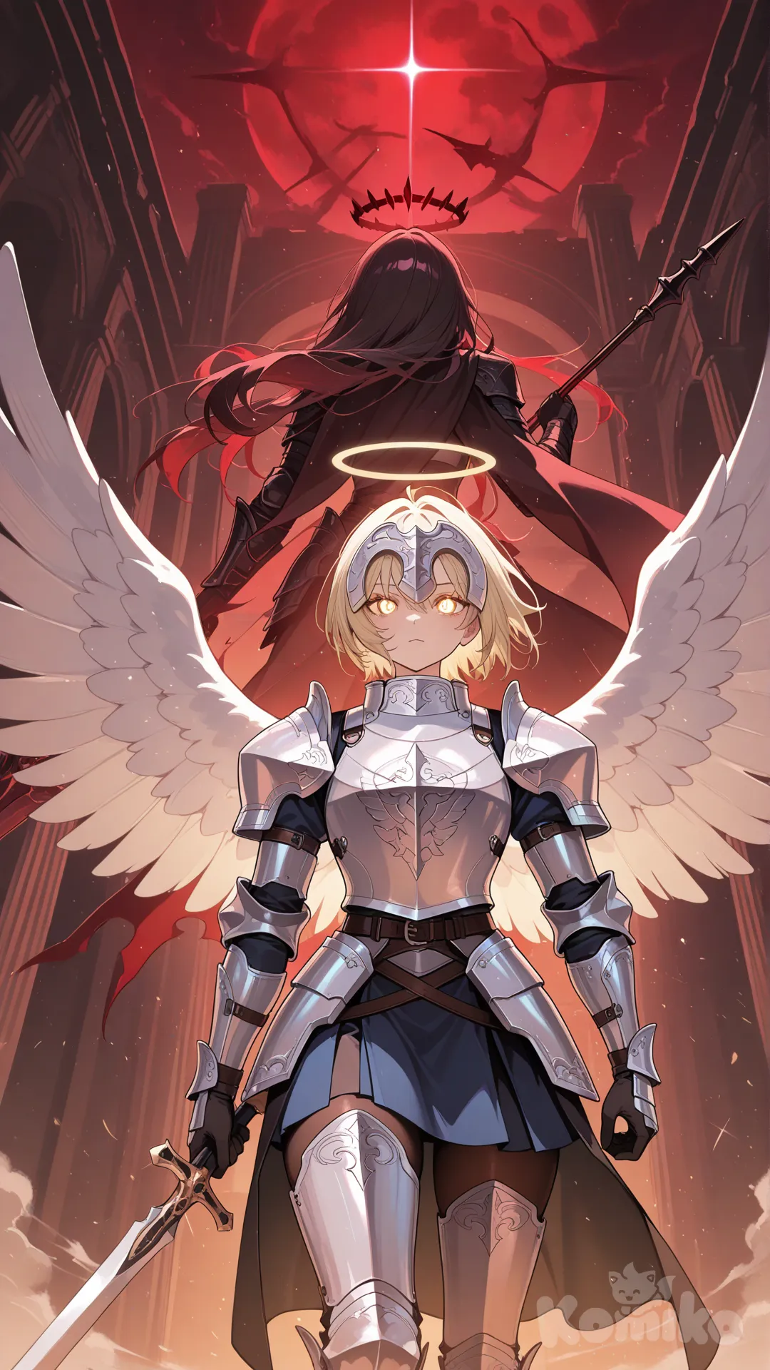 2girls, angel wings, one is holding sword, one again holding spear, white armor