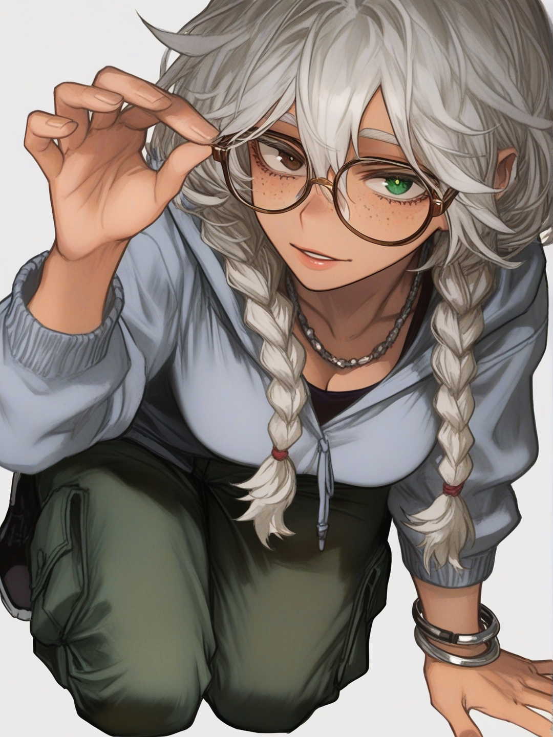 [semi-realistic-portrait-style] 1girl, my hero academia style, solo, teenager, curvy, tan skin, freckles, gray hair, braids, heterochromia, brown eyes, green eyes, glasses, piercing, hoodie, cargo pants, necklace, bracelet, full body, looking at viewer, simple background, white background