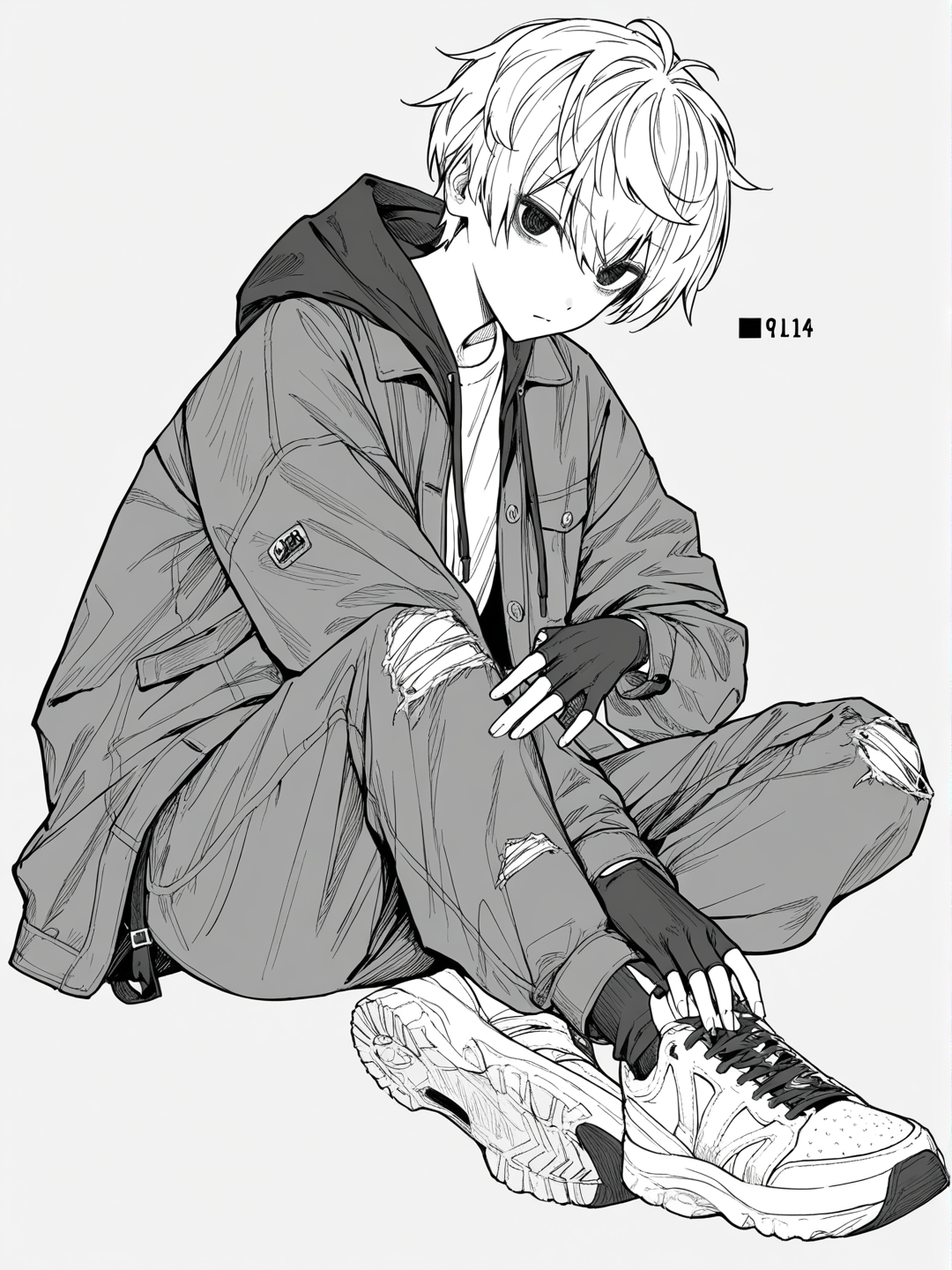 [soft-pastel-style] 1girl, tomboy, relaxed_pose, short_hair, pixie_cut, messy_hair, androgynous, athletic, sharp_eyes, casual, oversized_hoodie, loose_t-shirt, denim_jacket, cargo_pants, ripped_jeans, sneakers, fingerless_gloves, graffiti_background, single_character, full_body, looking_at_viewer, anime_style, simple_background, white_background