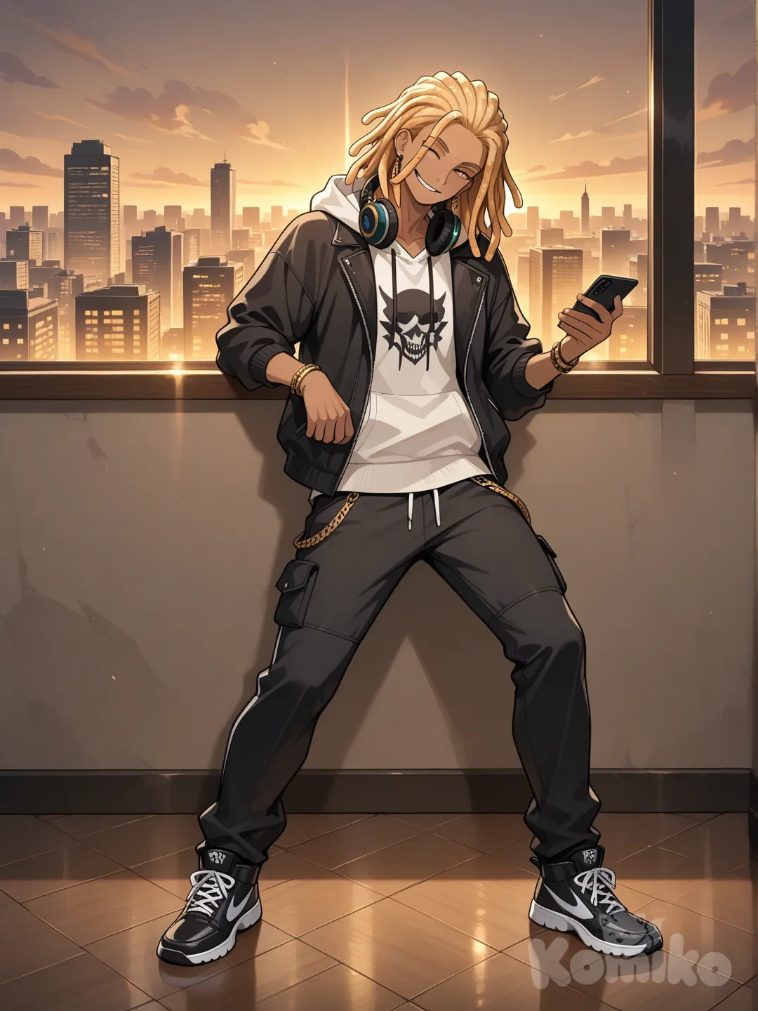 anime boy, handsome character, anime art style, looking at phone, head tilt, one eye closed, smile, hoodie, casual pants, earrings, headphones, bracelet, blonde hair, dreadlocks, full body, ambient light, day, cityscape
