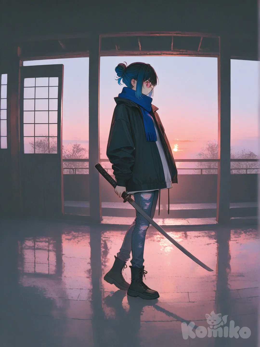 Mitake Ran, holding sword, outdoor adventure jacket, jeans, ripped jeans, scarf, glasses, double buns, spiral curls, navy blue, gradient, fuchsia, full body, ambient light, twilight, dojo, [sensual-glossy-style]