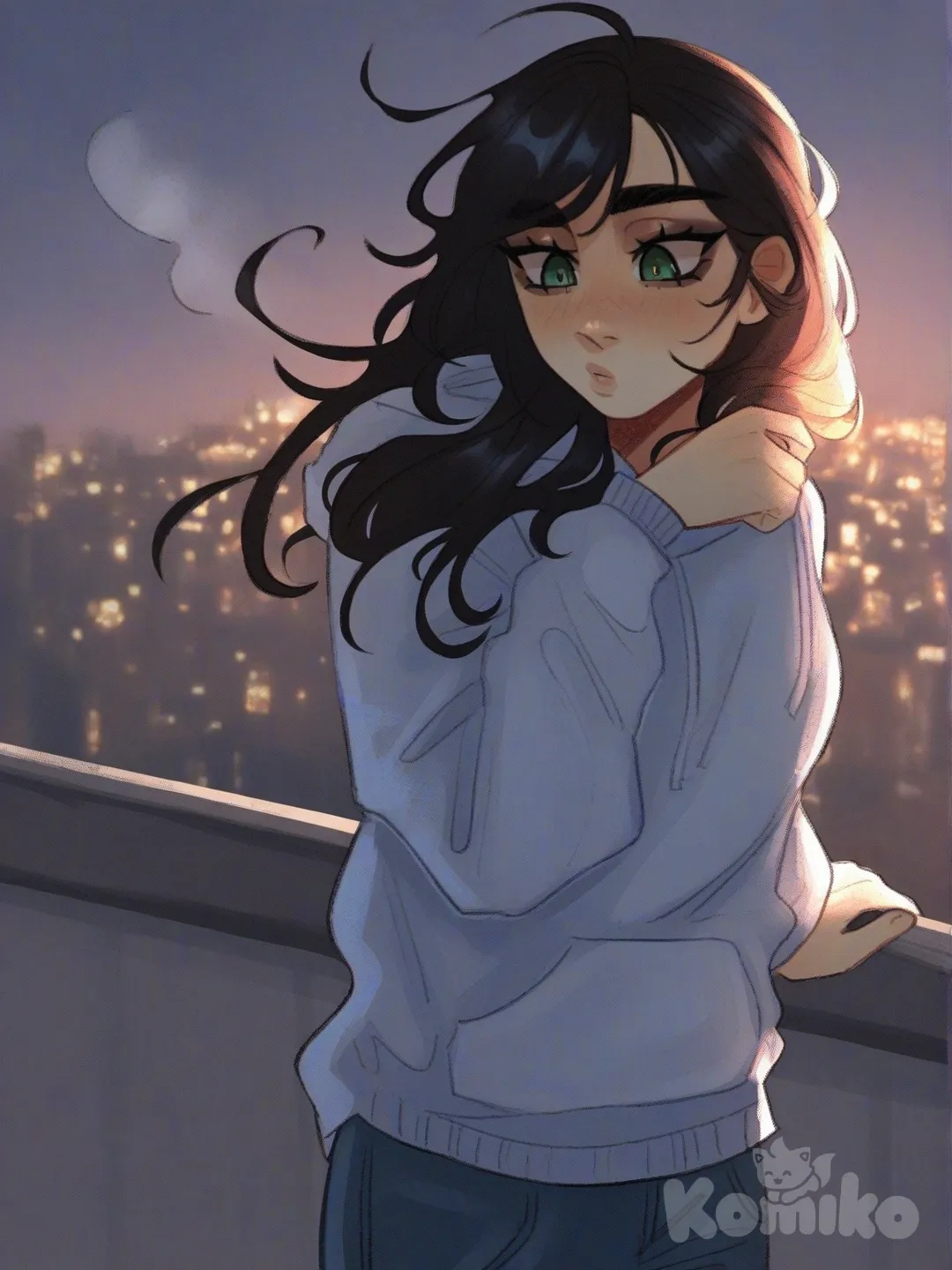 [soft-shaded-moe-style], standing on rooftop ledge, looking down, hoodie, jeans, soft hair blowing in wind, headshot, closeup, upper body, backlight, cityscape