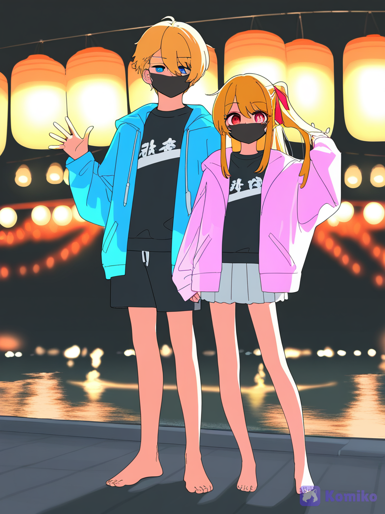[vibrant-anime-style], 1boy, 1girl, 2people, @Hoshino_Aquamarine, @Hoshino_Ruby, waving, holding hair, kimono top, oversized hoodie, full body, pleated skirt, neon jacket, silk, face mask, hair ribbon, blonde hair, side ponytail, barefoot, navy blue, city lights, lantern festival