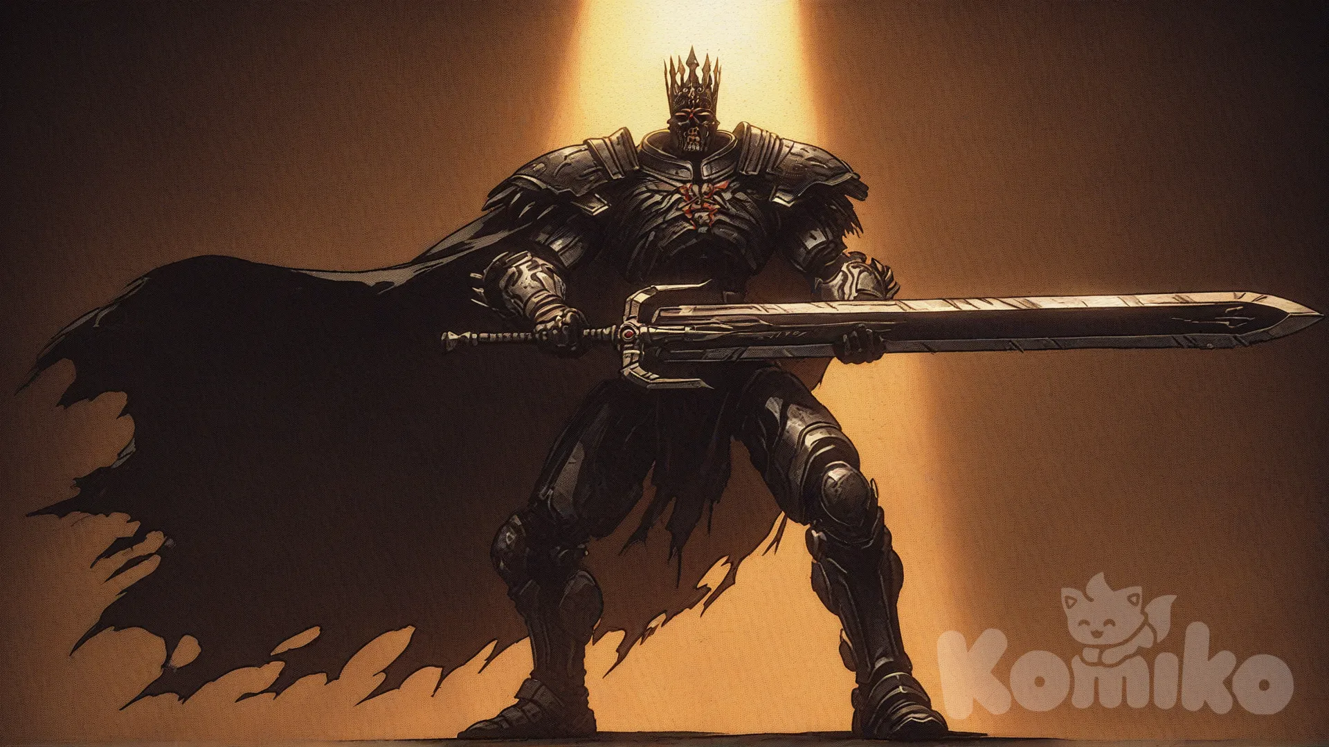 черные массивные доспехи из вархаммера , черная накидка , маленькая черная корона на шлеме , длинный массивный черный меч в руках, на фоне орды ксенасов, [action-manga-style]
