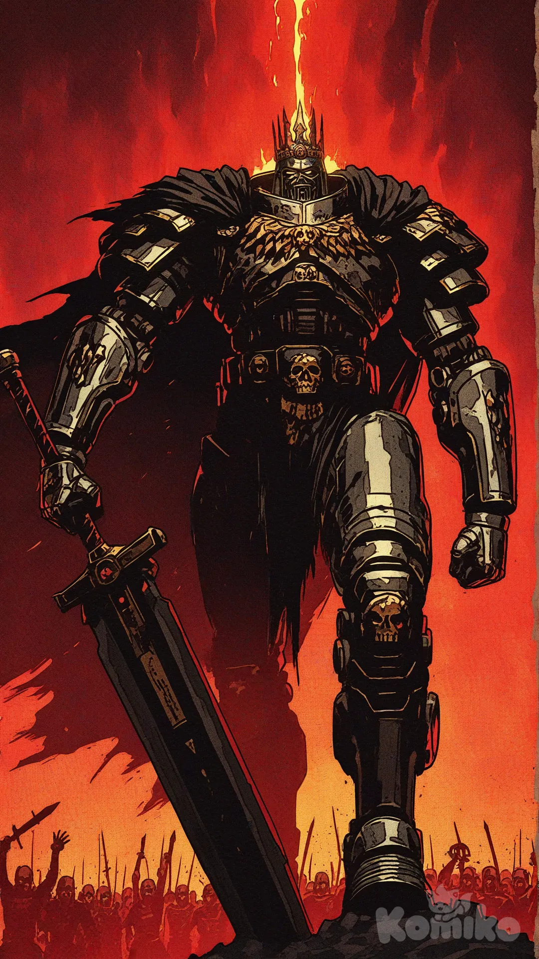 черные массивные доспехи из вархаммера , черная накидка , маленькая черная корона на шлеме , длинный массивный черный меч в руках, на фоне орды ксенасов, [action-manga-style]