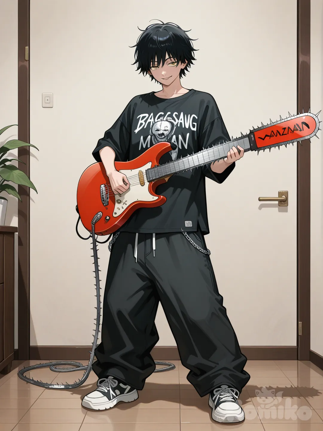 @Denji_(Chainsaw_Man), band shirt, baggy clothes, black hair, charcoal black, smirk, playing guitar